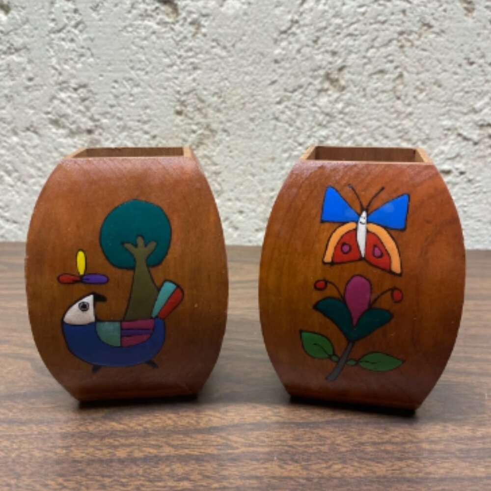 Pair Vintage Folk Art Wooden Painted Misc Holders Jesus Artesano El Salvador 80s